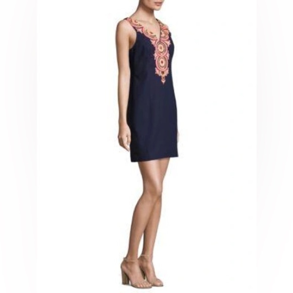 LILLY PULITZER Gabby Embroidered Beaded Navy Blue Mini Sleeveless Shift Dress - Picture 2 of 13
